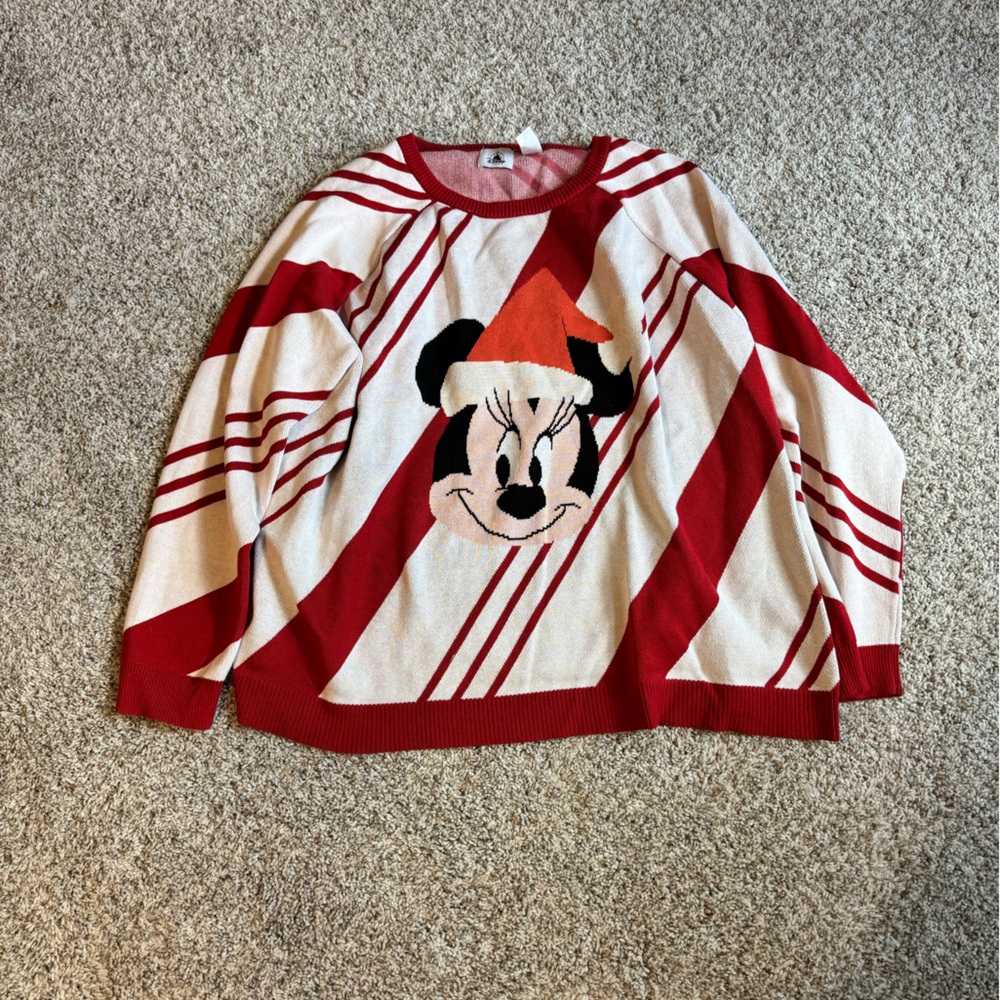 Disney Parks Minnie Red and White Striped Knit Christmas Sweater